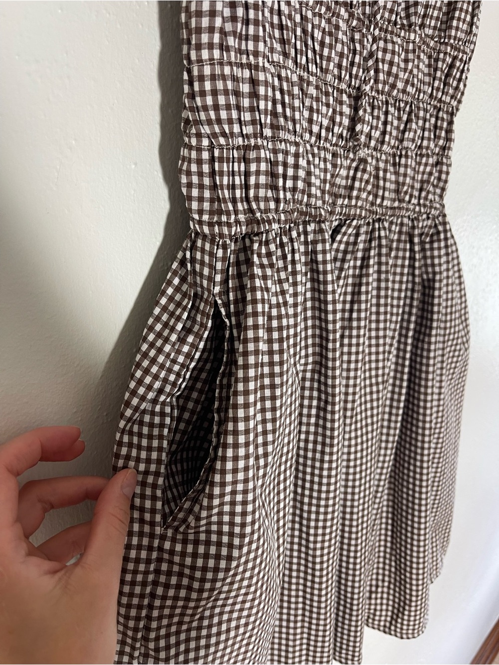 Smocked Gingham checkered babydoll Mini Dress in Brown and White - Picture 3 of 4